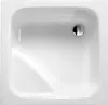 A top-down view of a white shower tray with a chrome drain. Produktbild-Vorschau