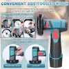 Collage of images showing a mini angle grinder and its features, with text descriptions. Produktbild-Vorschau