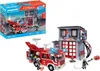 A Playmobil fire station and fire truck set, shown both in its packaging and assembled. Produktbild-Vorschau