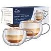 A set of two double-walled glass cups filled with coffee drinks, presented with their packaging. Náhled obrázku produktu