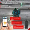 A laser level device is shown on a concrete floor, with a smartphone and a remote control demonstrating its operation and features. Produktbild-Vorschau