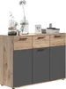 A modern sideboard with a wood-tone and gray finish, decorated with vases and books. Produktbild-Vorschau