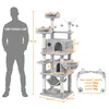 A diagram showing the dimensions of a cat tree next to a silhouette of a person for scale, along with weight capacity information. Produktbild-Vorschau