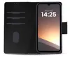 A black flip cover phone case with a smartphone inside displaying the time and date. Produktbild-Vorschau