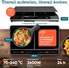 A collage showing a double induction cooktop and a prepared dish, with informational text overlays. Produktbild-Vorschau