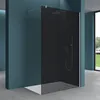 A modern walk-in shower enclosure with a black glass panel, a silver shower head and controls, and a gray shower tray, set against a blue wall. Produktbild-Vorschau