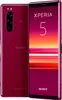 A red Sony Xperia 5 smartphone is shown from the front and back.