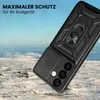 A black phone case with a ring holder is shown in a snowy, outdoor environment. Produktbild-Vorschau