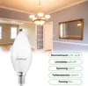 A living room or dining room with a chandelier, doors, and a mirror, with a product image of an LED bulb in the foreground and product specifications. Produktbild-Vorschau