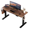 A modern, adjustable standing desk with a wooden top, equipped with a curved monitor, keyboard, mouse, tablet, and accessories like a cup holder and headphones. Produktbild-Vorschau