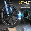 Close-up of an electric bicycle wheel with text and graphics highlighting its features and terrain adaptability. Produktbild-Vorschau