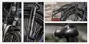 A collage of close-up images of an e-bike, showing the front light and logo, a tire pump attached to the rear rack, the rear rack itself, and the saddle. Produktbild-Vorschau
