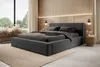 A modern bedroom with a large bed, large window, and wooden wall paneling. Produktbild-Vorschau