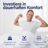 A man stretching in bed with icons and text describing product features. Produktbild-Vorschau
