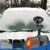 A portable car heater is attached to a frosted car windshield, with inset images showing before and after use. Náhled obrázku produktu
