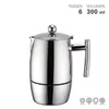 A silver moka pot on a white background with text and icons. Produktbild-Vorschau