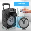 A portable speaker with dimensions and a remote control shown. Produktbild-Vorschau