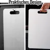 A collage of two images showing a stainless steel cutting board with a handle. The left side shows the cutting board hanging from a hook, and the right side shows a hand holding the cutting board by the handle. Produktbild-Vorschau