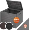 A grey plastic garden storage box with its lid open, shown against a white background. There are two circular swatches showing different color options for the box, and a circular orange tag with text and a UV protection shield icon. Produktbild-Vorschau