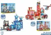 Collage of toy building block sets, specifically police and fire stations, with associated vehicles and helicopters. Anteprima dell’immagine prodotto