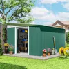 A green metal garden shed with its doors open, showing tools and storage inside, set in a backyard with grass, plants, and a house in the background. Podgląd zdjęcia produktu