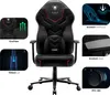A collage of images showcasing a black gaming chair with red accents, highlighting its features. Produktbild-Vorschau