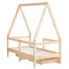 A wooden children's bed frame with a house-like structure and a pull-out drawer underneath, shown against a white background. Produktbild-Vorschau