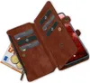 A brown leather wallet case for a smartphone, open to show card slots, money, and coins. Produktbild-Vorschau