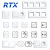 A collage of various electrical switches and sockets, along with frames and a logo. Produktbild-Vorschau