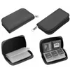 A collage of four images showing a grey card storage case from different angles, including closed and open views, and a view of the interior with memory cards inserted. Produktbild-Vorschau