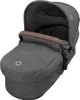 A close-up studio shot of a dark grey baby stroller bassinet with a brown handle. Produktbild-Vorschau