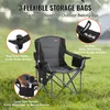 A camping chair with various storage features highlighted by text overlays. Produktbild-Vorschau