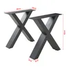 Two black metal table legs in an X-shape are shown against a white background. Dimensions are indicated with red lines and text. Podgląd zdjęcia produktu