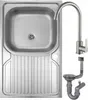 A stainless steel sink with a faucet and drain assembly, presented on a white background. Podgląd zdjęcia produktu
