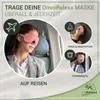 A collage of images showing a woman wearing a pink sleep mask on a plane, a woman meditating with a sleep mask, and a man sleeping on a plane with a sleep mask. Produktbild-Vorschau