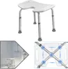 A white shower stool with adjustable legs against a white background, with inset images showing its use in a shower and a close-up of its underside. Produktbild-Vorschau