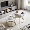 A living room scene with a TV stand, two nesting coffee tables, and a sofa. Voir les images du produit