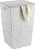 A white woven laundry basket with a lid and a beige towel draped over the side. Anteprima dell’immagine prodotto