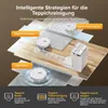 A layered illustration showing a robot vacuum cleaner on different floor surfaces, with text overlays explaining its cleaning strategies. Produktbild-Vorschau
