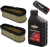 A set of maintenance parts for a Briggs & Stratton engine, including two air filters, a bottle of engine oil, and a spark plug in its packaging. Podgląd zdjęcia produktu
