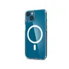 A transparent blue phone case with a white MagSafe ring is shown against a white background. Produktbild-Vorschau