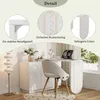 A white L-shaped desk with a chair in front of it, and a floor lamp to the left. The image is divided into sections highlighting product details. Náhľad obrázku produktu
