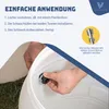 A person is shown installing a fitting onto a white plastic barrel, with instructions and a drill bit illustrated. Produktbild-Vorschau