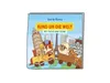 A cartoon illustration of a book cover depicting a fox driving a train with a sheep in a wagon, surrounded by famous landmarks from around the world. Produktbild-Vorschau