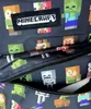 A close-up view of a backpack with a Minecraft pattern, showing a zipper and the Minecraft logo. Produktbild-Vorschau