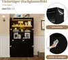 A black display cabinet with LED lighting, showcasing decorative items on its shelves. The image also includes close-up views of protective film and cleaning instructions. Anteprima dell’immagine prodotto