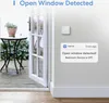 A smart thermostat is shown on a wall next to an open door, with a notification about an open window detected. Produktbild-Vorschau