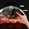 A close-up of a digital display on an electric fireplace, showing temperature and heating settings, with a finger pressing a power button. Produktbild-Vorschau