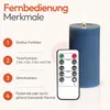 A blue LED candle with a remote control, showcasing its features. Voir les images du produit