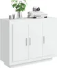 A white sideboard with three doors is shown against a white background. Decorative items, including a plant, books, and a camera, are placed on top of the sideboard. Voir les images du produit